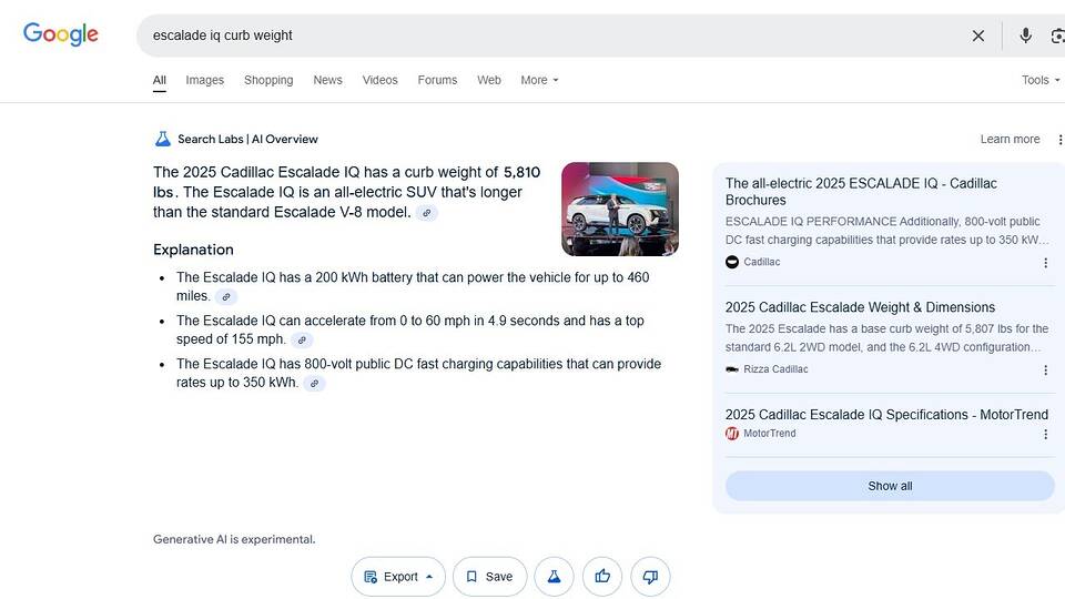 Cadillac Escalade IQ curb weight AI result - Google AI Overview