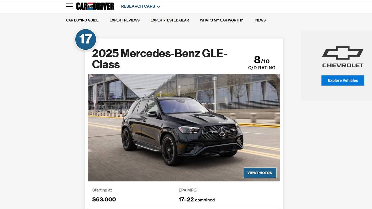 Car and Driver ranks the Mercedes-Benz GLE-Class 17th in Midsize Luxury SUVs as of 1/28/25