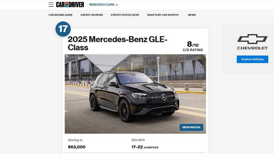 Car and Driver ranks the Mercedes-Benz GLE-Class 17th in Midsize Luxury SUVs as of 1/28/25