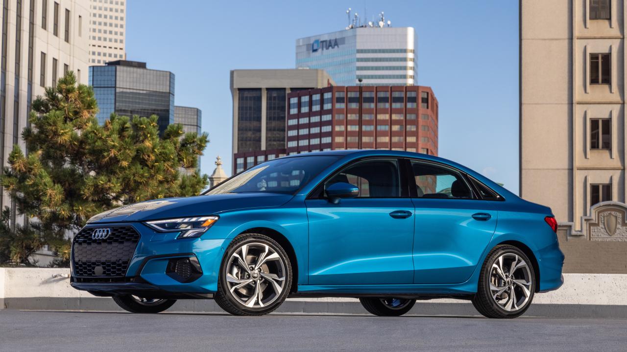 2024 Audi A3 front side view in Atoll Blue