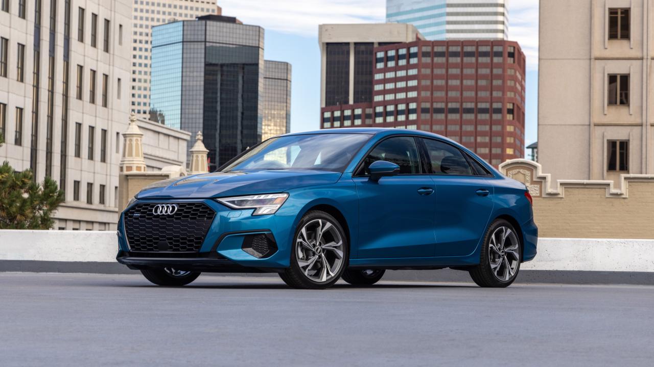 2024 Audi A3 front offset view in Atoll Blue