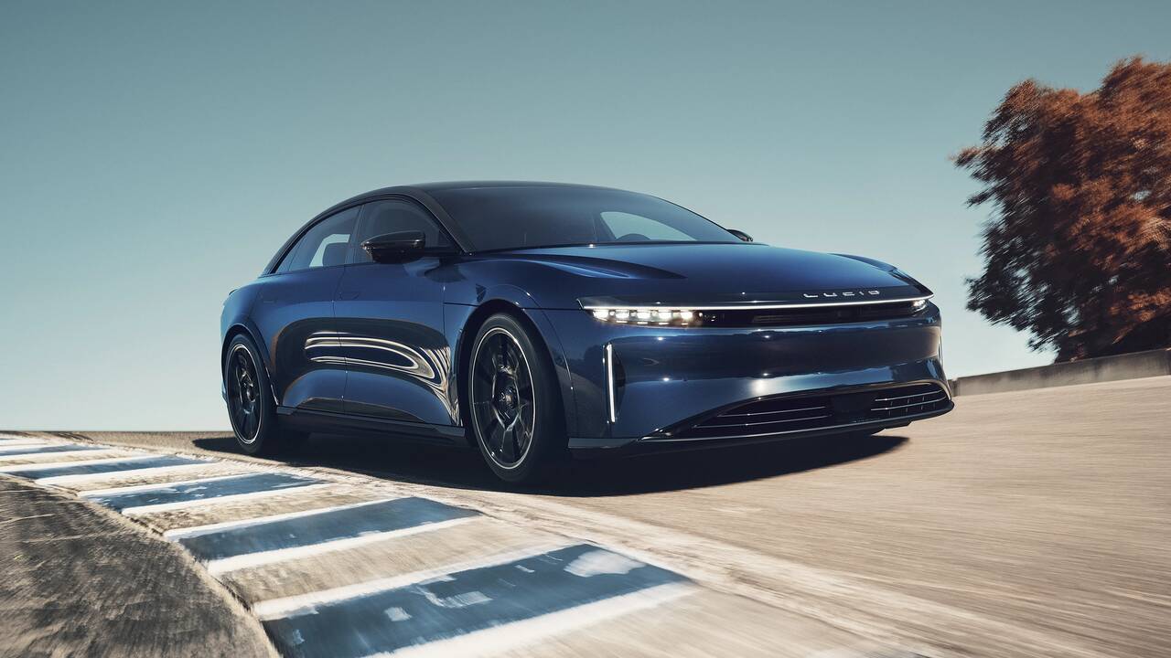 2024 Lucid Air Sapphire driving on a racetrack front view